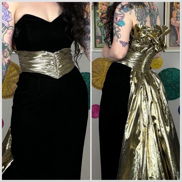 Vintage 1980s Strapless Black Velvet and Gold Lamé Evening Gown - Picture 5 of 8